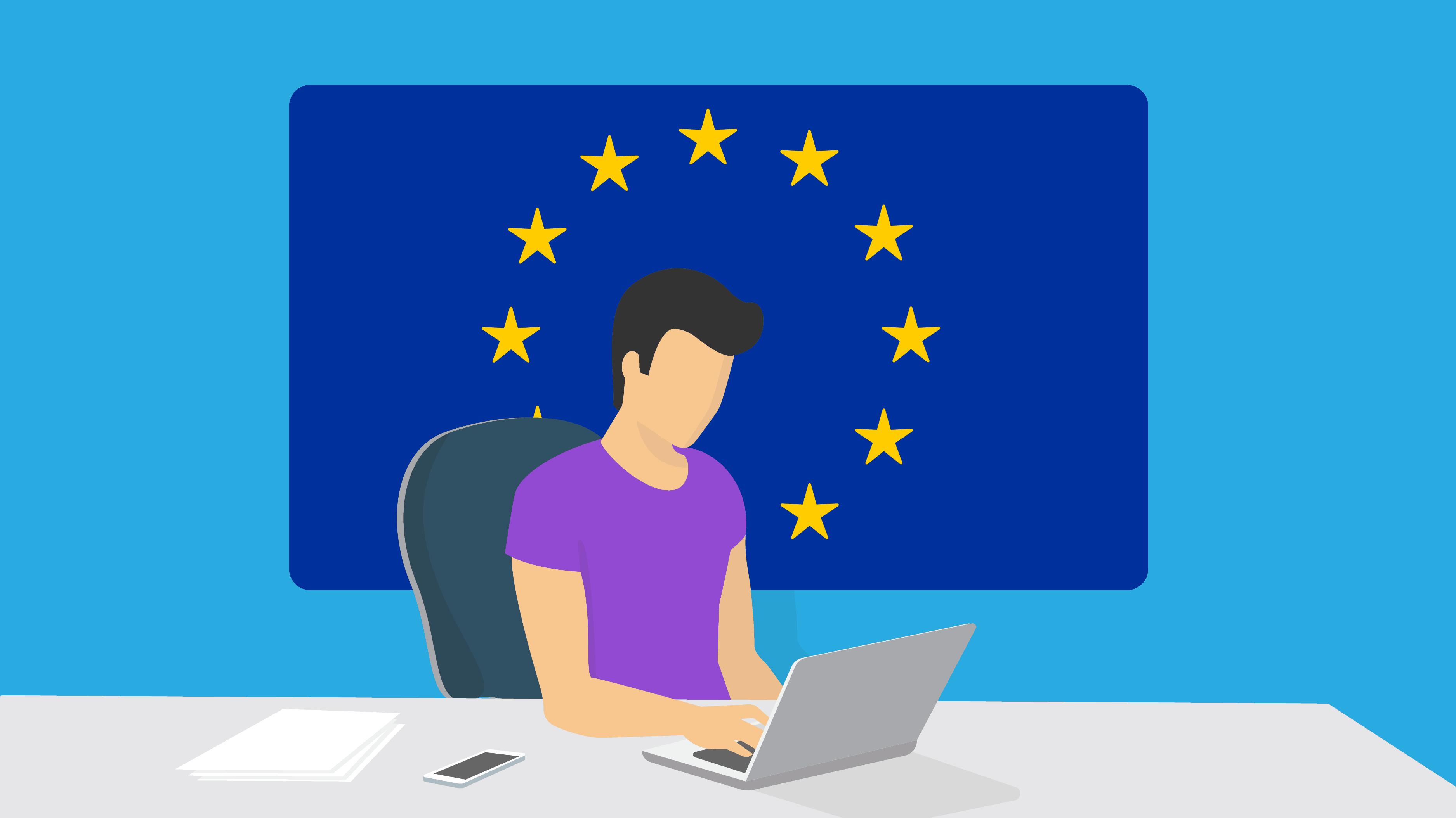 Indeed Flex | Cartoon of person in front of EU flag