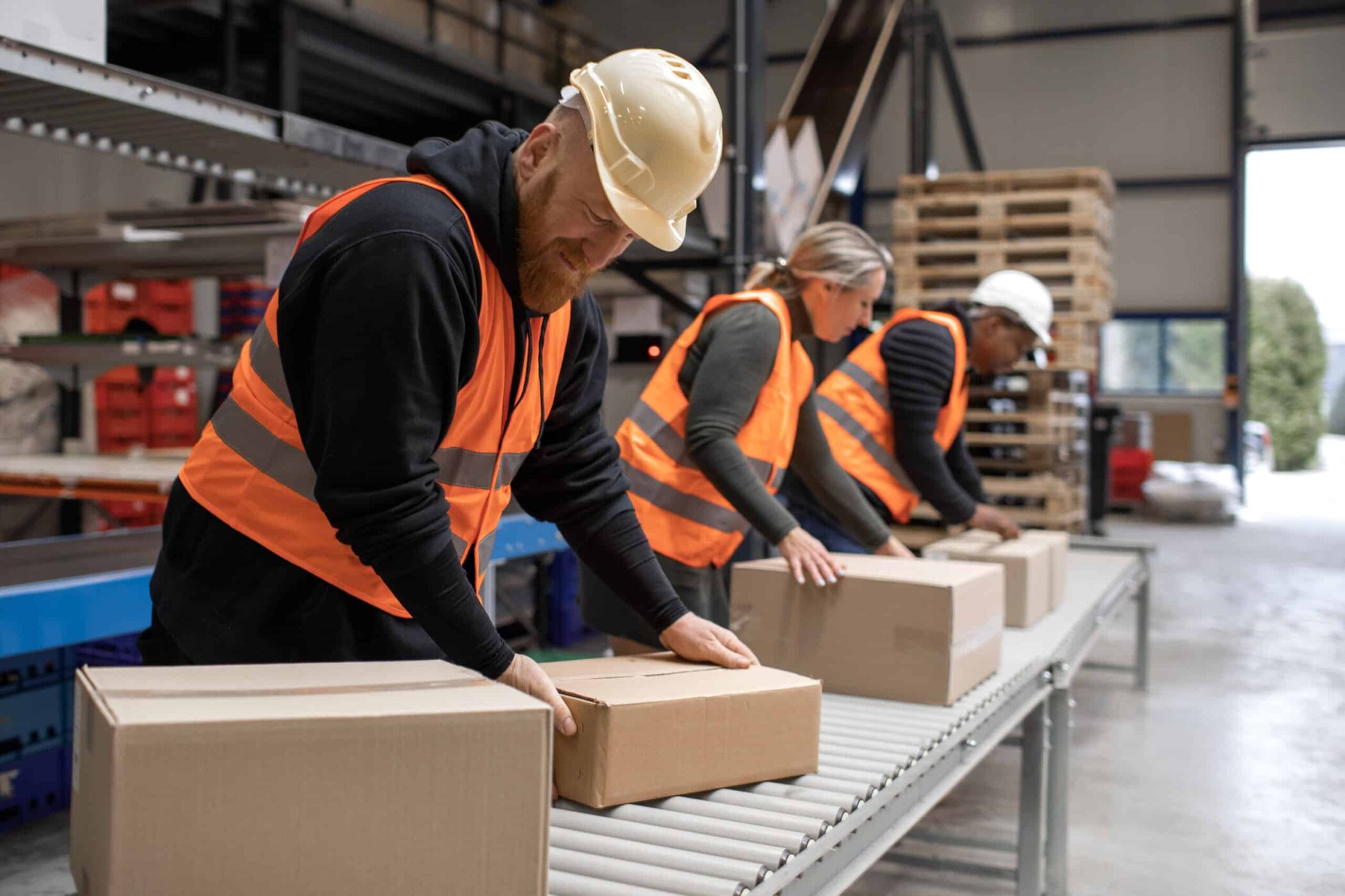 Three warehouse workers on a packing and delivery production line