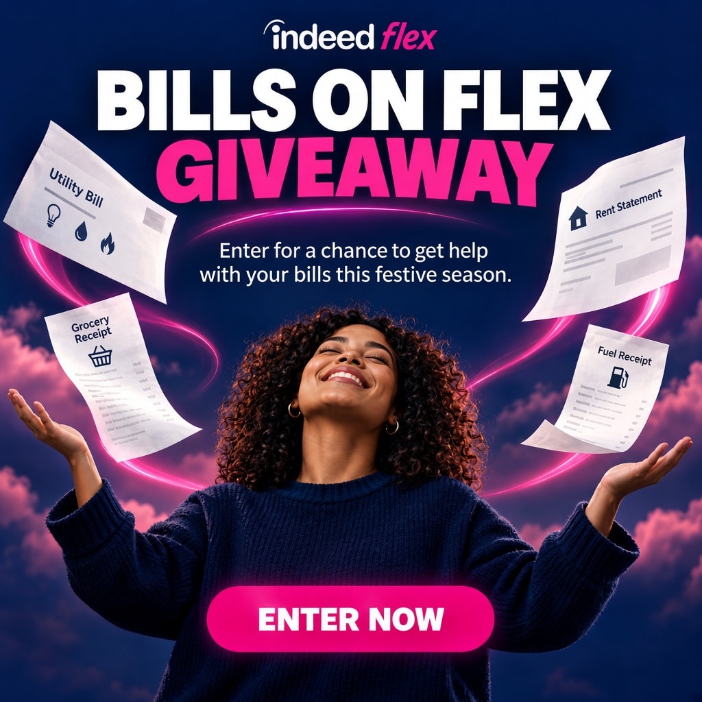 Bills on Flex Giveaway. Enter for a chance to get help with your bills this festive season. A utility bill, grocery receipt, rent statement, and fuel receipt float around a smiling woman.